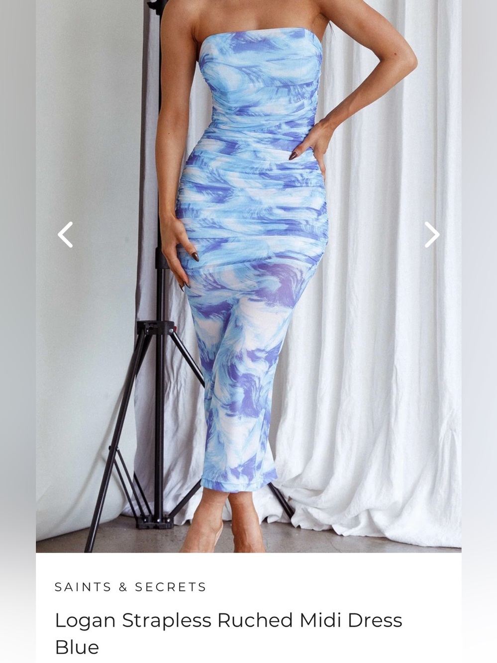 NWOT! Selfie Leslie Logan Strapless Ruched Midi Dress Blue
